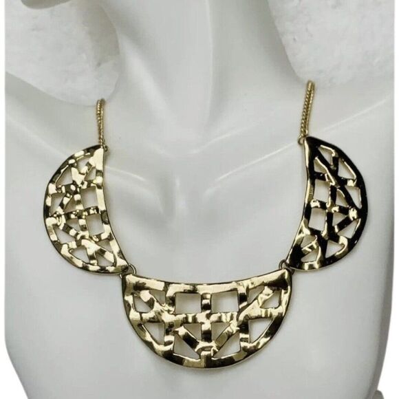 Vintage Gold Tone Half Moon Weave Art Deco Chain Gold Tone Statement Necklace - Picture 2 of 8